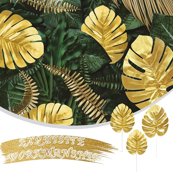 CCINEE 24PCS Golden Artificial Palm Leaves, 3 Sizes Faux Monstera Leaves Simulation Safari Leaves with Stems for Home Hawaiian Luau Party Jungle Beach Theme Party Decoration