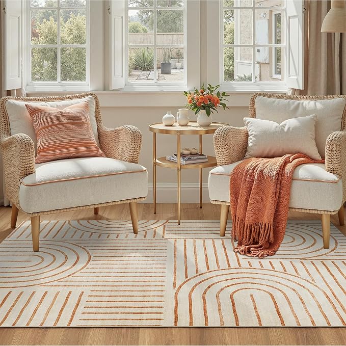 DCX Abstract Machine Washable 5x7 Rug, Orange Modern Accent Rug for Living Room, Soft Low Pile Non Slip Carpet, Kid & Pet Friendly Stain Resistant Rug for Bedroom Dining Room Office