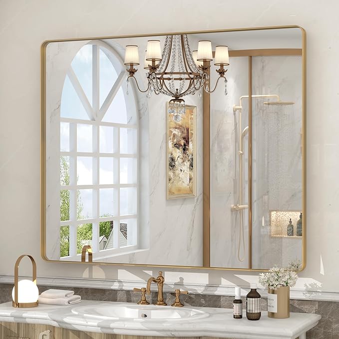 40x36 Gold Framed Mirror for Bathroom, Brushed Gold Brass Bathroom Mirror, Rectangle Gold Bathroom Vanity Mirror for Wall, Shatterproof, Anti-Rust, Hangs Horizontally or Vertically