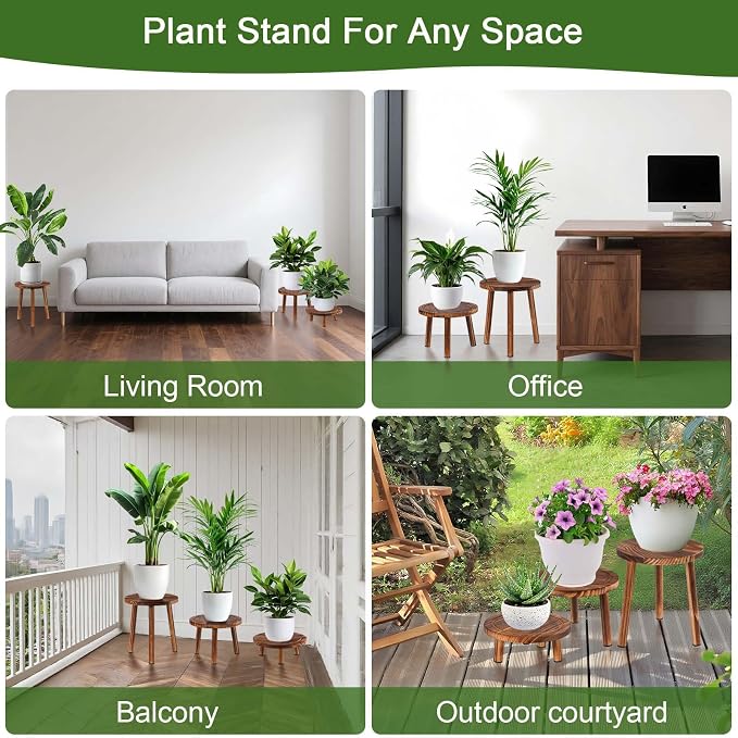 3-Pack Wood Plant Stands Indoor Outdoor, Mid-Century Modern Wooden Plant Stool for 6-11 Inch Pots, Tall Corner Plant Shelf Flower Pot Holder Table for Living Room, Balcony, Patio Decor