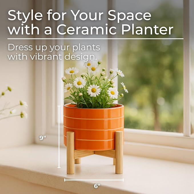 Striped Ceramic Planters with Wooden Stand as Home Decor Flower Pots for Entryway, Patio, Tabletop, and Garden - Small Colorful Decorative Pots for Indoor and Outdoor Plants - 6", Orange & Tan