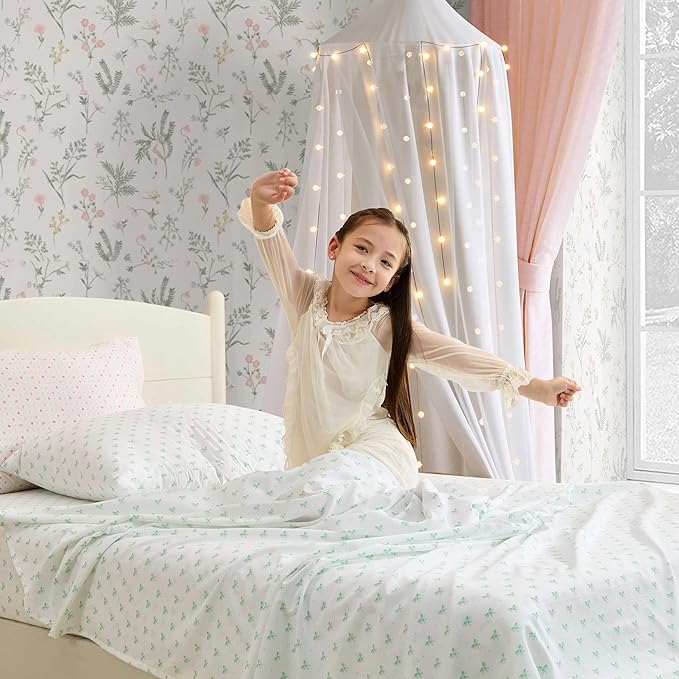 Laura Ashley Kids - Full Sheet Set, Soft & Wrinkle-Resistant Toddler Bedding Set, Deep Pockets, Girl Bed Sheets with Matching Fitted Sheet & Pillowcases (Lovely Bows Blue)