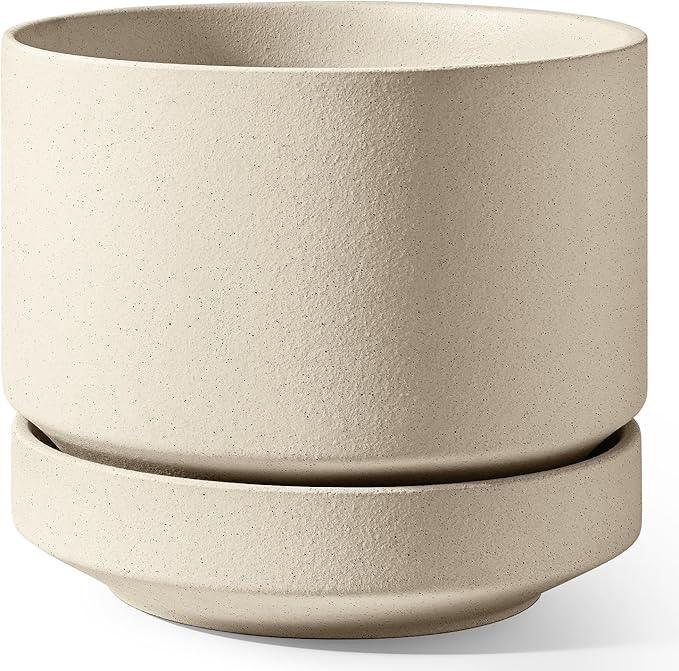 LE TAUCI 12 Inch Pots for Plants with Saucer, Ceramic Indoor Planter Pot for Plants with Drainage Hole, Mesh Pad & Plug Included, Unglazed Porous Ceramic, Modern for Home and Office, Speckled Oat