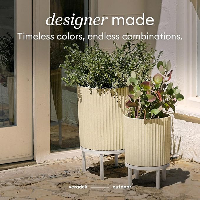 Veradek Demi Series Round Planter w/Stand for Porch/Patio | Durable Plastic-Stone Composite & Wooden Stand | Modern Décor for Tall Plants, Flowers