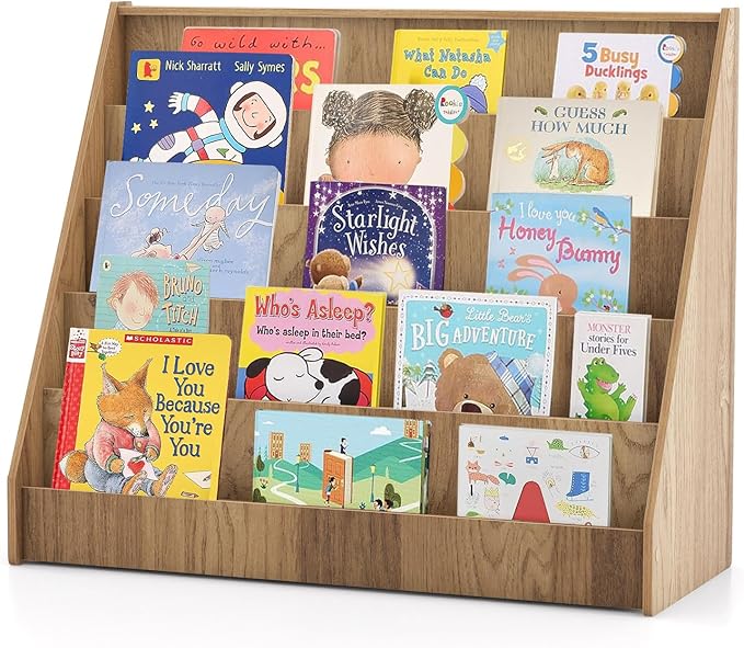 KOTEK 5-Tier Kids Bookshelf, Wooden Floor Display Shelf for Books and Magazines, Toddler Bookcase, Montessori Book Shelf for Kids Room, Daycare, Preschool, Classroom (Natural)