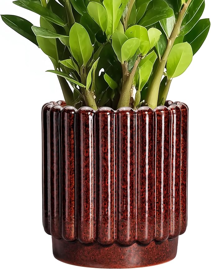 Ceramicfor Ceramic Pots for Plants - 7.6 Inch Indoor Planter, Decorative Plant Pots with Drainage Hole, Fluted Ceramic Flower Pots, Round Planter Outdoor, Patio Decor, Gifts for Plant Lovers, Red