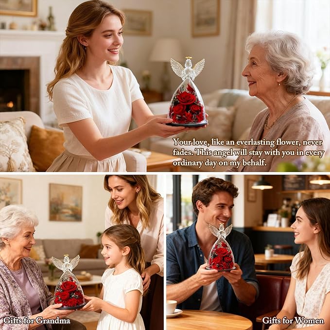 Christmas Roses Gifts for Mom,Preserved Real Flowers Roses in Glass Angel Figurines, for Grandma Women Mom Wife Mother in Law/Red