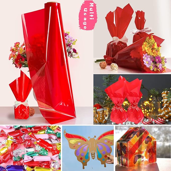 100 ftx34 in Extra Wide Red Cellophane Wrap, Translucent Festive Red Cellophane Wrapping Paper for Gift Baskets, Colored Cellophane Wrap Roll for Treats, Cookies, Holiday, Christmas Decoration