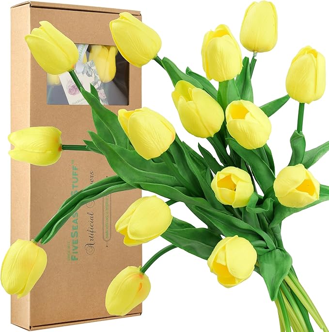 FiveSeasonStuff Real Touch Tulips Artificial Flowers – 15 Stems Faux Tulip Bouquet in Gift Box for Wedding, Home Decor, Party, Floral Arrangements (Candle Glow Yellow)