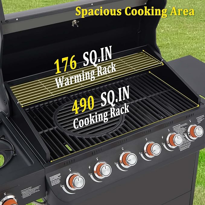 Unovivy Large 6-Burner Propane Gas Grill with Side Burner & Porcelain-Enameled Cast Iron Grates, BBQ Grills with Built-in Thermometer, 72,000 BTU Barbecue Grill, Oil Tray, Outdoor Patio Garden