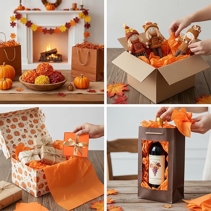 Qilery 500 Sheets Orange Tissue Paper Bulk for Gift Bags 15 x 20 Inch Acid Free Packaging Wrapping Decoupage Paper Sheets for Christmas Party Decoration DIY Craft, Bouquet, Wedding
