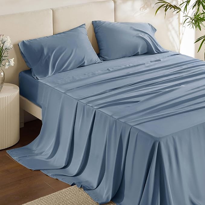 Bedsure Queen Sheet Set, Cooling Sheets for Queen Size Bed Set, Rayon Derived from Bamboo, Breathable & Soft, Deep Pocket, Hotel Luxury Silky Bedding for Hot Sleepers, Dusty Blue