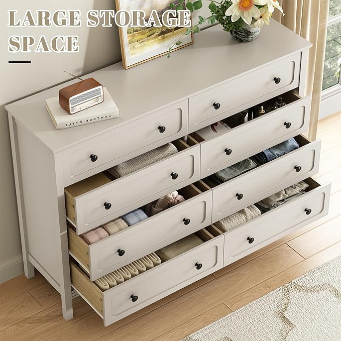 CARPETNAL Beige Dresser for Bedroom, 55" Wide 8 Drawer Dresser with Metal Handles and Deep Drawers, Modern Large Wood Chest of Drawers for Living Room, Hallway.