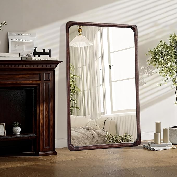 Tanmicoshomy Wood Bathroom Mirror 30 x 48 Inch, Solid Wood Framed Large Rectangle Mirrors with Tempered Glass for Living Room Bedroom Office or Entryway(Dark Brown)