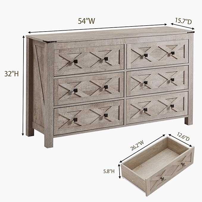 6 Drawer Dresser, Farmhouse 54" Wide Wood Chests of Drawers for Bedroom, Grey Dresser TV Stand Organizers for Entryway, Clothes Organizer, Accessory Storage Cabinet, Light Rustic Oak