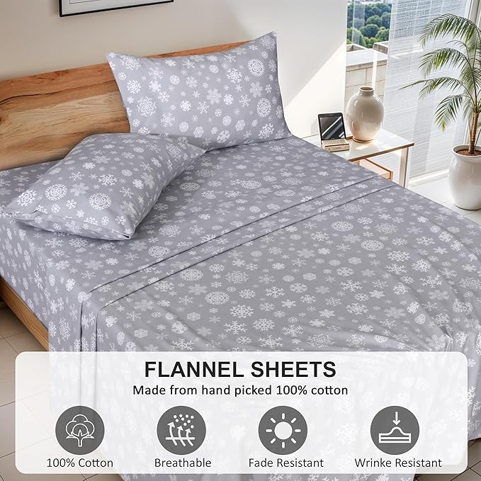 RUVANTI Flannel Sheets King Size - 100% Cotton Brushed King Size Sheets Set - Deep Pockets 16 Inches Bed Sheets - All Seasons Breathable & Extra Soft - Warm & Cozy, 4 Piece, Snowflakes