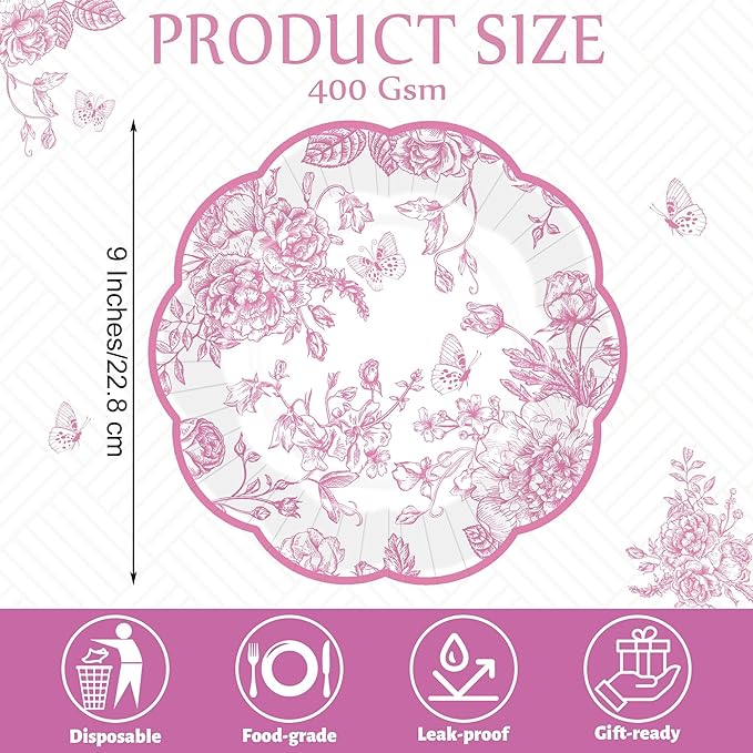 100 Pieces Pink Floral Paper Plates 9 Inches Disposable Pink and White Flower Scalloped Plates Vintage Floral Dinner Dessert Decorative Plate for Wedding Baby Shower Birthday Party Supplies