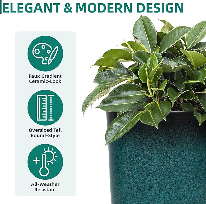 23.75" H Large Tall Outdoor Planters, Set of 2 Plastic Large Flower Pots for Outdoor Plants, Weather-Resistant for Porch, Garden, Patio or Indoor All Season Decor, Gradient Turquoise Finish