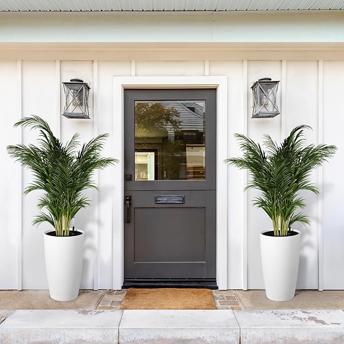 GarveeLife Set of 2 Tall Planters for Outdoor Plants, 22 in Large Planters for Outdoor Indoor Plants with Water Level Monitor ＆ Inner Bucket, Automatic Watering, for Porch, Patio, Backyard, White