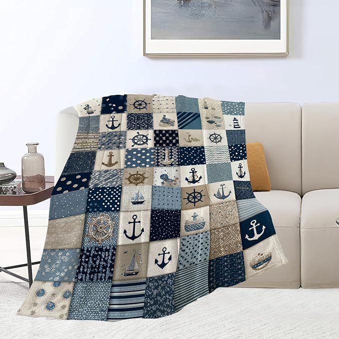 Nautical Blanket Ocean Sea Throw Blanket Sailboat Anchor Soft Cozy Fleece Fuzzy Stuffed Plush Flannel Gifts for Girls Women Boys Kids Adults 40''x50''