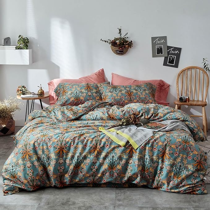 VM VOUGEMARKET Boho Comforter Set Full,Green Medallion Floral Bedding Set Retro Vibrant Bohemian Pattern Quit Comforter with 2 Pillowcases