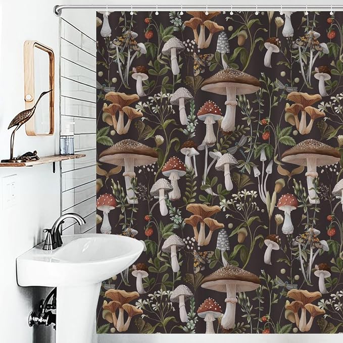 Mushroom Shower Curtain, RFarmhouse Country Wild Floral Botanical Mushroom Cottagecore Nature Plants Leaves Herbs Black Waterproof Fabric Bathroom Shower Curtain Set with Hooks, 72"x72" Inch