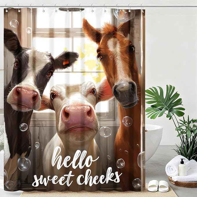 Cute Animals Shower Curtain Funny Farm Cow Horse Shower Curtains for Bathroom Waterproof Fabric Bath Curtain Decor with Hooks