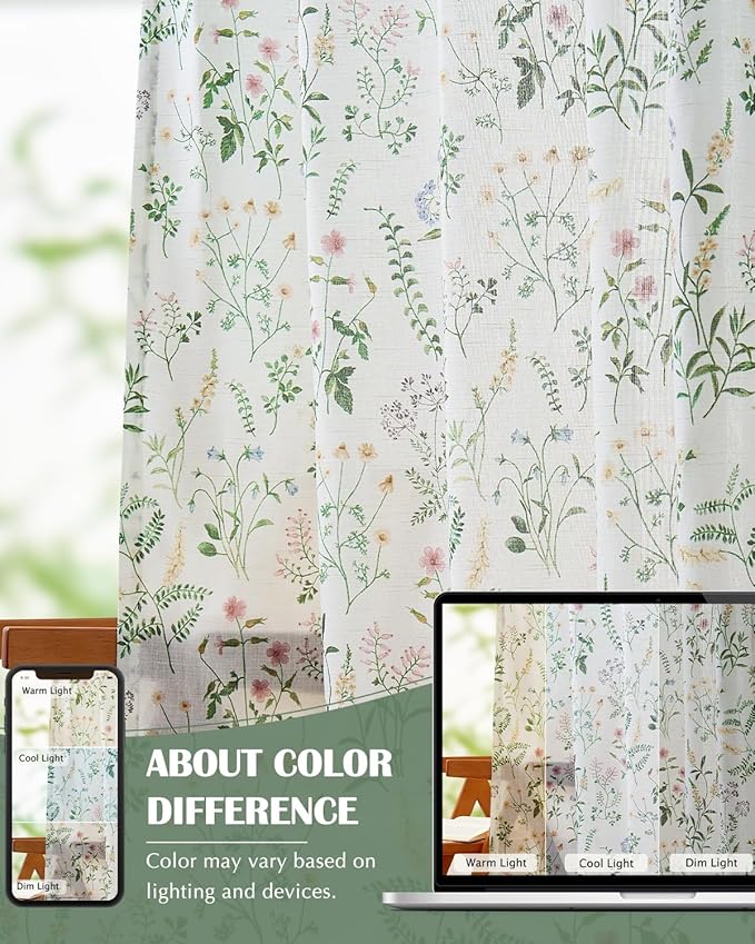 jinchan Floral Linen Blend Curtains for Living Room 96 Inch Length French Country Farmhouse Printed Curtains Sage Green on White Rod Pocket Back Tab Light Filtering Window Drapes 2 Panels