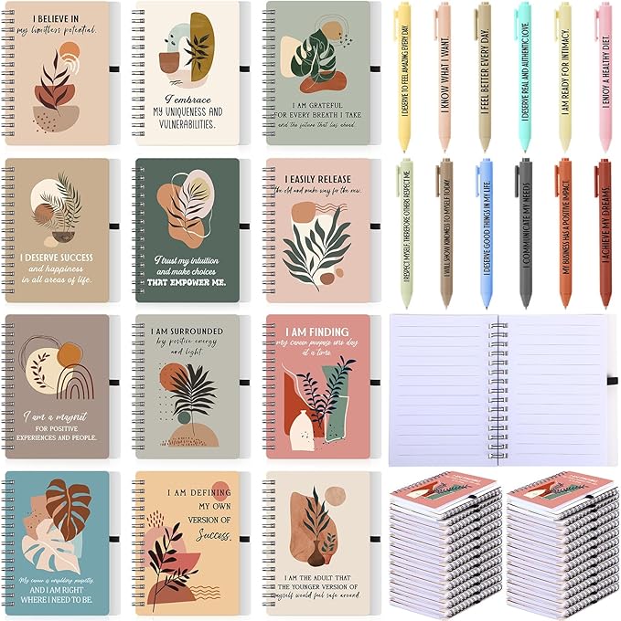 Kosiz 24 Pcs/12 Set Positive Affirmation Gifts Gratitude Spiral Notebooks with Pens Motivational Encouragement Notepads Daily Affirmations Journal for Women Valentine Galentine Gifts (Plant)