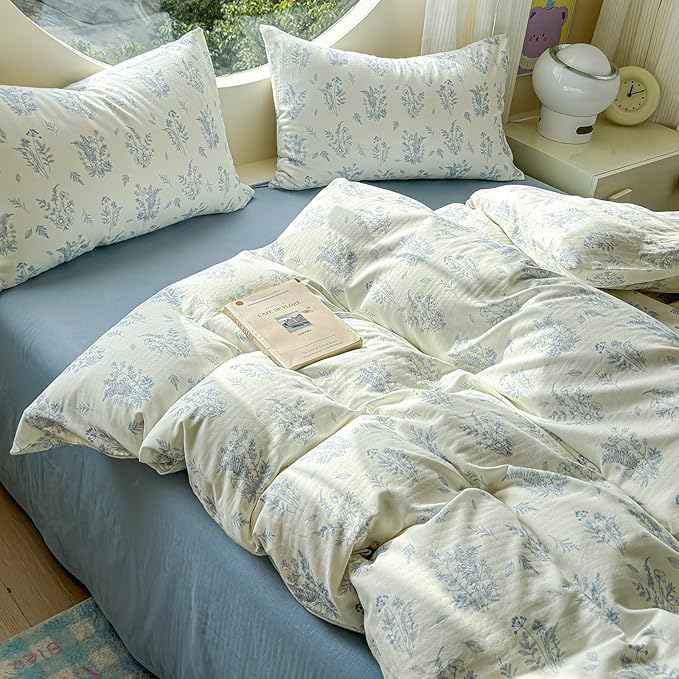 LifeTB Muslin Duvet Cover Set Queen Vintage Botanical Floral Duvet Cover 100% Cotton Linen Feel Flower Bedding Set Super Soft Gauze Comforter Cover Breathable Lightweight Cottagecore Bedding Set