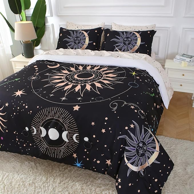 7 Piece Sun and Moon Comforter Set Bed in a Bag Queen Size - Boho Celestial Constellations Bedding for Girls Women - Black Gold - Lightweight Comforter with Sheets and Pillowcases