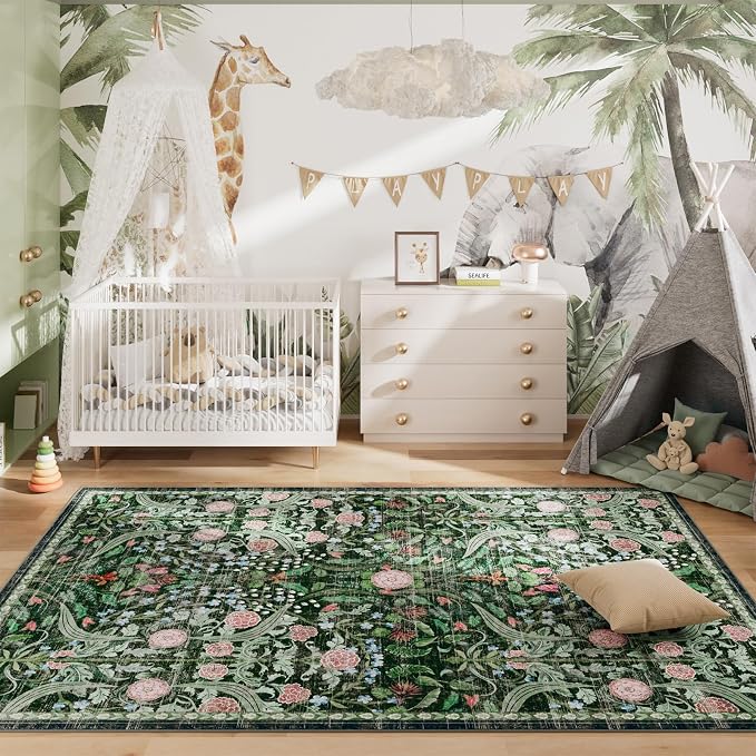 AMTOVO 5x7 Washable Area Rugs for Living Room, Vintage Boho Floral Distressed Print Non-Slip Carpet, Soft Colorful Accent Rug for Bedroom Dining Room Playroom Nursery Farmhouse Girls Room, Dark Green