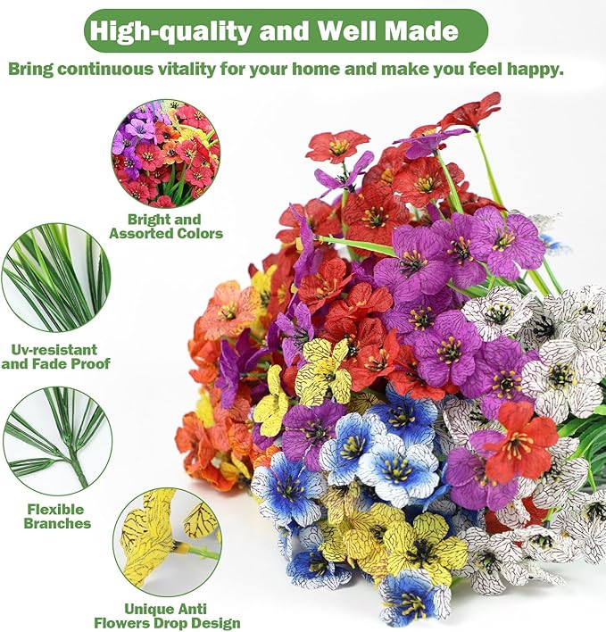 Nepfaivy Fake Outdoor Flowers Uv-Resistant - 24 Bundles 6 Colors Realistic Artificial Flowers, Plastic Faux Flowers for Outdoor Planters, Silk Fake Flowers for Outside to Decor Patio Porch Garden Yard