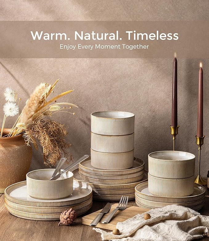 GBHOME 12-Piece Stoneware Dinnerware Set for 4 – Ribbed Ceramic Plates and Bowls, Scratch-Resistant, Microwave & Dishwasher Safe, Reactive Glaze, Cappuccino