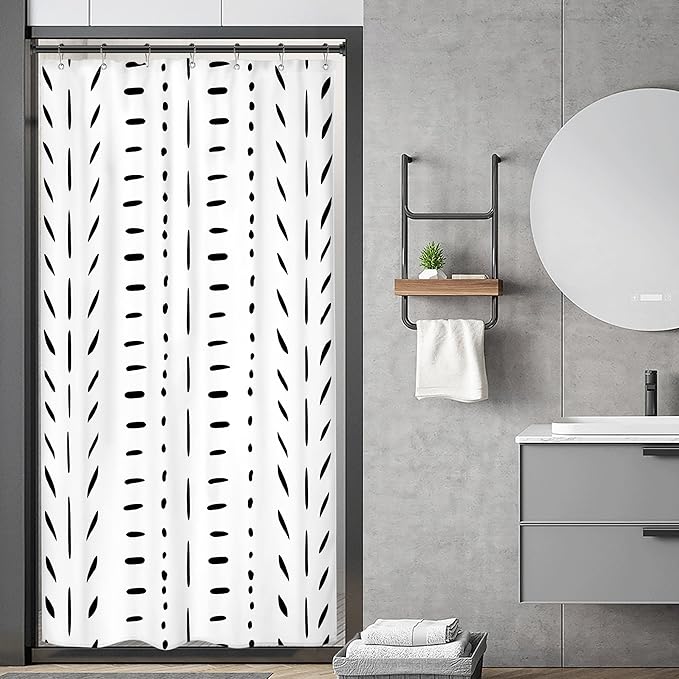Riyidecor Boho White Black Stall Small Half Size Dorm Shower Curtain 36x72 Inch Striped Geometric Chevron Herringbone Single Narrow Tiny Walkin Stand Up Decor Fabric Bathroom Set Polyester Waterproof