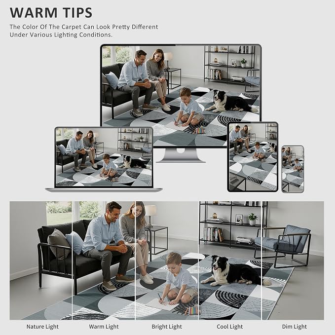 Merelax 5x8 Area Rug for Bedroom Livingroom - Washable Non-Slip Large Area Rug, Indoor Floor Carpet Low Pile Soft Rug for Dining Room, Mudroom, Modern Aesthetic Abstract Geometric Decor, Black/Grey