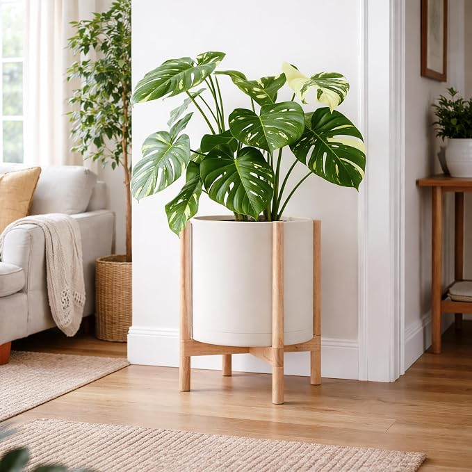 D'vine Dev Planter Pot with Stand - 14 Inch Plastic Cylinder Flower Pot with Wood Planter Holder for Indoor, Oatmeal Pot + Natural Stand, 55-C-S-4