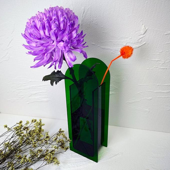 Acrylic Vase Creative Gifts Minimalist Design Wedding Centerpiece Home Office Decor Elegant Floral Display Stand(Not Including Flowers) (Full-Green, 1PCS)