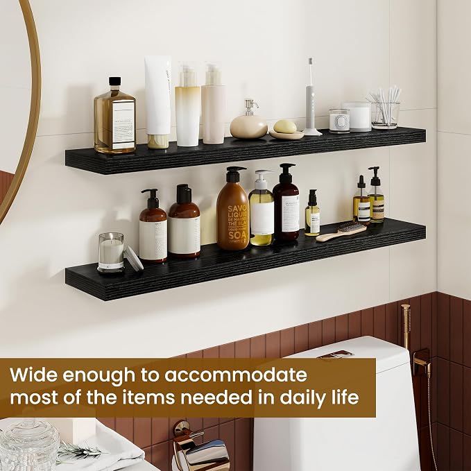 Dreamland 40Inch Floating Shelves for Wall, Rustic Wooden Black Floating Shelves for Living Room, Kitchen, Farmhouse, Deep Wall Mounted Book Shelf, Wood Storage Display Shelf for Home Decor, Set of 2