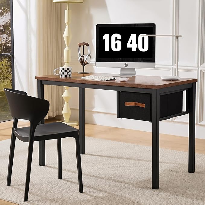 Computer Desk with Drawer, 47 Inch Home Office Work Desks, Modern Writing Study PC Desk Gaming Table for Small Place Bedroom, Thickened Tabletop and Stable Metal Frame Leg（Rustic Brown）