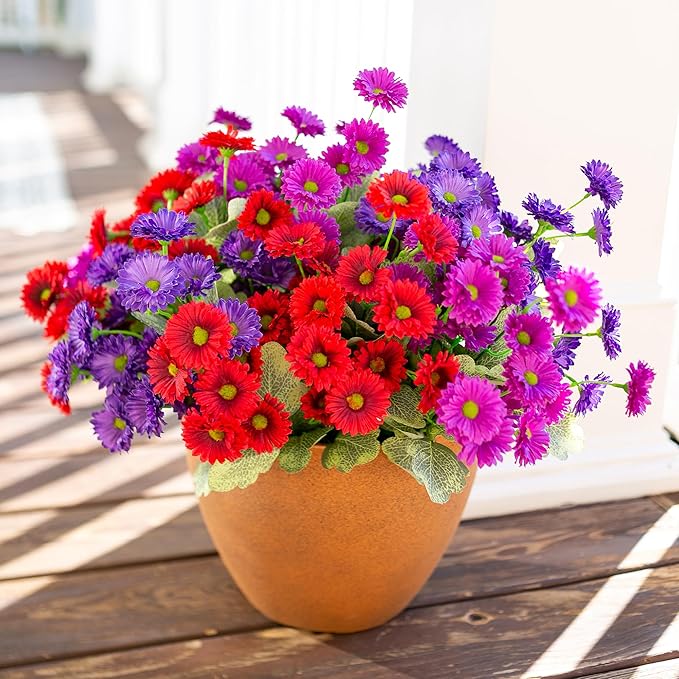 HyeFlora Dahlia Artificial Flowers for Outdoors Decoration, 6 Bundles Fake Daisy Faux Flowers Plants Realistic UV Resistant Silk Flowers for Outside Planter Front Door Yard Garden Indoor Home, Mix