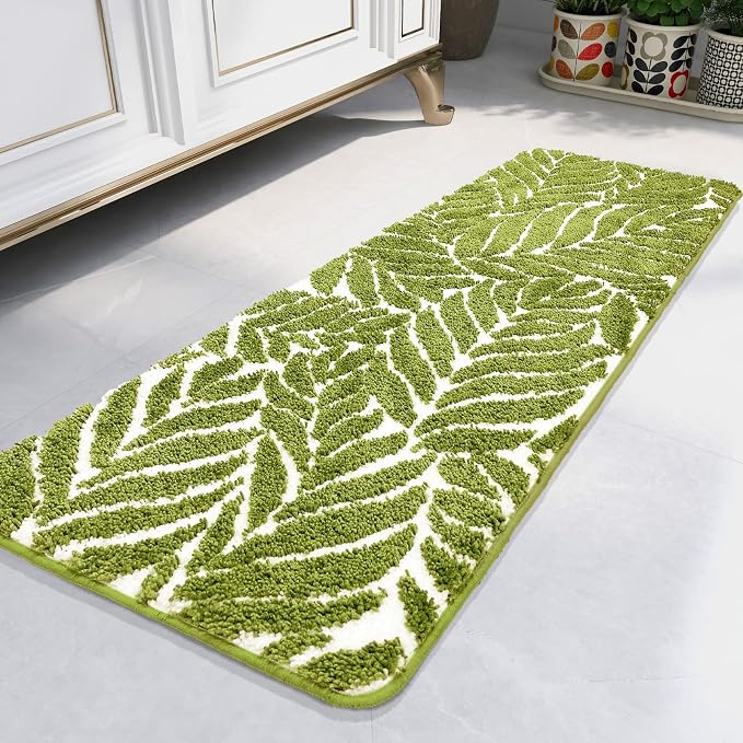 Grass Green Leaf Bathroom Runner - Bath Mats Non Slip Machine Washable Bathroom Decor Water Absorbent Bath Rugs for Sink Bathtub and Shower Leaves 18" x 47"