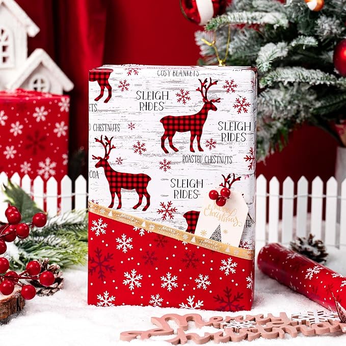 MAYPLUSS Christmas Wrapping Paper Roll, 17 Inch X 16.5 Feet Christmas Gift Wrapping Paper Featuring Reindeer Reversible Snowflake Thick Wrap Paper for Holiday Party New Year Kids