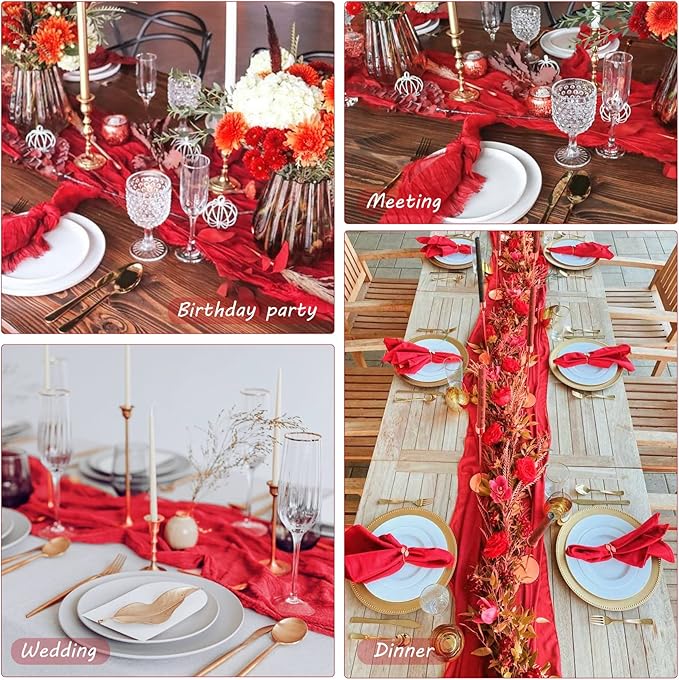12 Pack Cheesecloth Table Runner 35x72 Inch Boho Gauze Table Runner Rustic Cheese Cloth Long Romantic Table Runners for Wedding Bridal Shower Birthday Party Table Decor (Red)