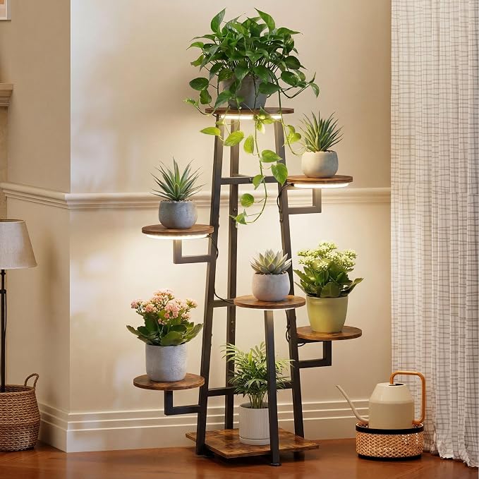 7 Tier Plant Stand Indoor with Grow Light for Multiple Plants | Corner Flower Stand, Vintage Multi-Layer Design, Sturdy Plant Shelf, Space-Saving, Ideal for Living Room Indoor Display