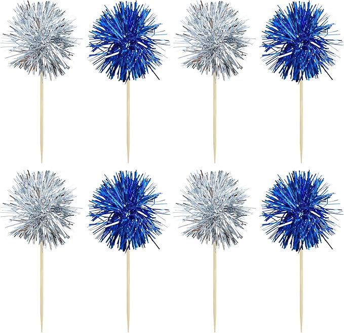 Gyufise 30Pcs Foil Firework Cupcake Toppers Sparkle Tinsel Cake Toppers Tinsel Drink Cake Decoration Cocktail Picks for Birthday Wedding Graduation Party Supplies Silver Dark Blue