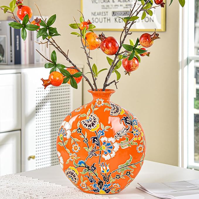 Sungmor High-Class Enamel Painted Porcelain Vase, Traditional Hand-Carved Overglaze Color Ceramic Vase for Fresh Flowers Dried Plants Arrangement, Decorative Vase for Centerpieces, Shelf, Living Room