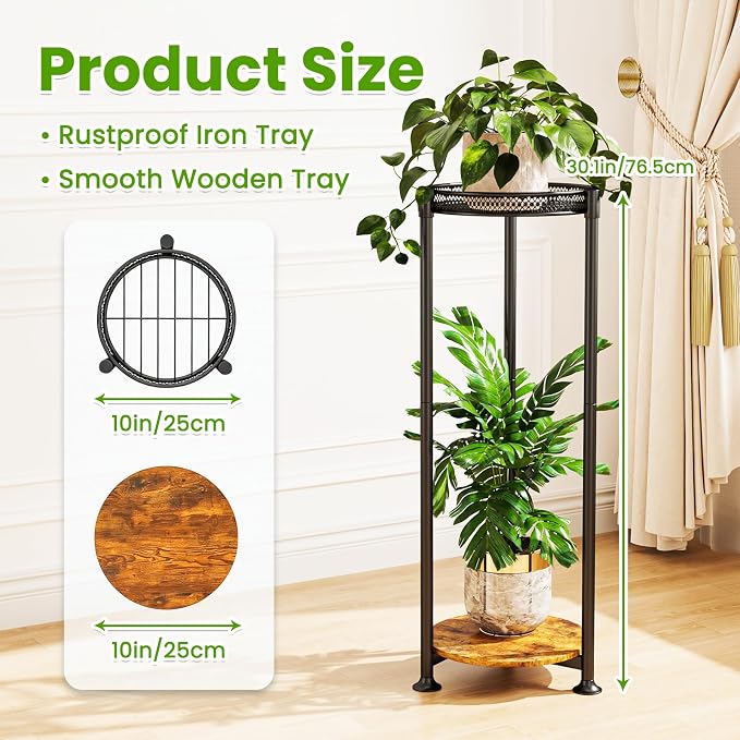 2 Tier Black Plant Stand Indoor,30 Inch Tall Multiple Sturdy Metal Flower Corner Rack for Narrow House Floor Iron Vertical Level Round Orchi Holder Organizer Modern