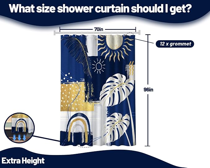 Extra Long Shower Curtain 96 Inchs Extra Tall Blue and White XL Navy Blue and Gold Abstract Shower Curtains for Large Bathroom Decor Sets, Waterproof Cloth Fabric with Hooks, 70 x 96 Inch