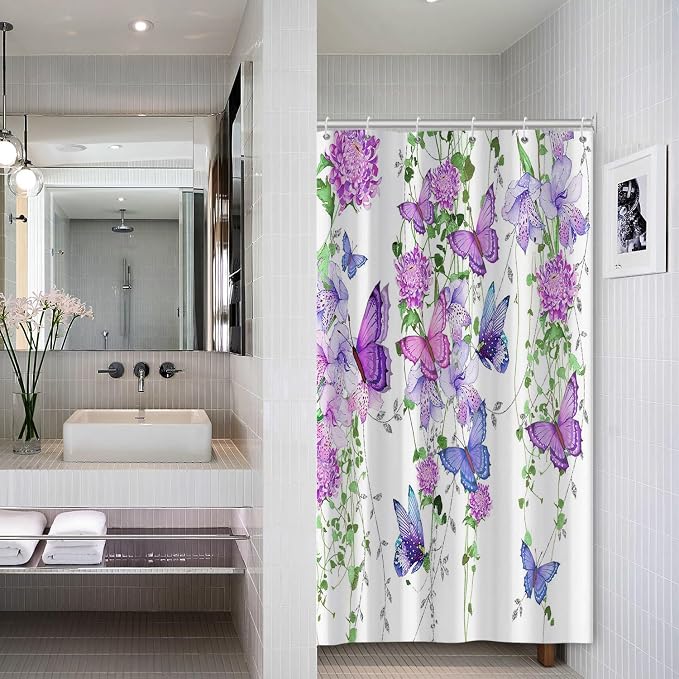 Violet Butterfly Floral Shower Curtain Spring Lavender Shower Curtain Lilac Pink Floral Bathroom Decor Waterproof Polyester Fabric with 10 Hooks,54x78 Inches